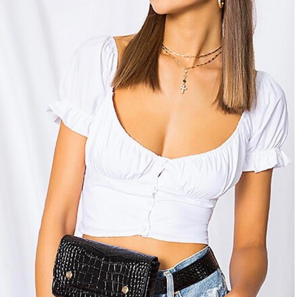 Superdown Gabbie Puff Sleeve Blouse White Cropped Puff Sleeve Top Size L